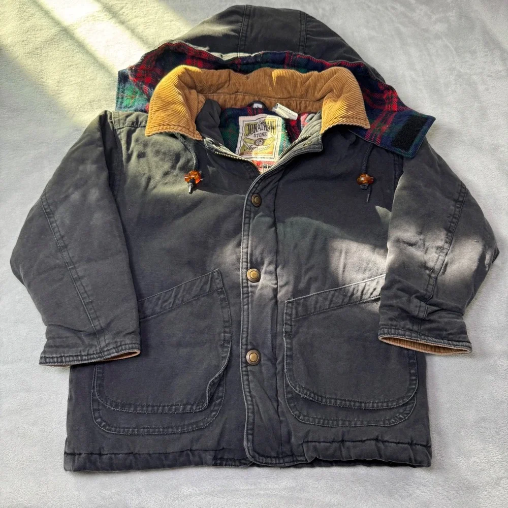 Jonathan Stone Kids Plaid Lined Hooded Coat Jacket Size 5 Charcoal Corduroy Trim